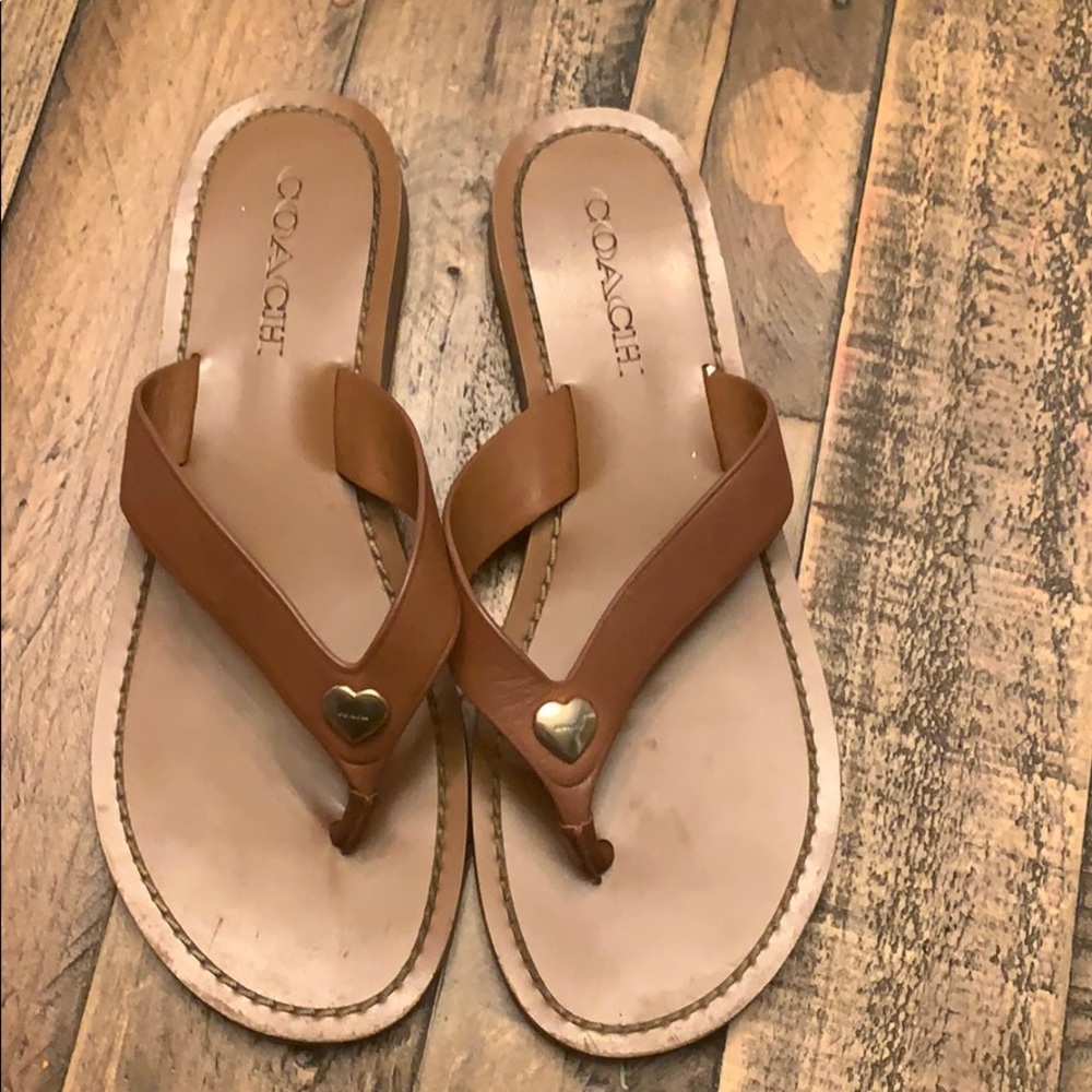 EUC Coach brown leather flip flops